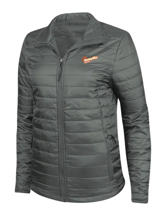 Dark Grey Womens Puffy Packable Jacket w/Sunny Sky Products Logo